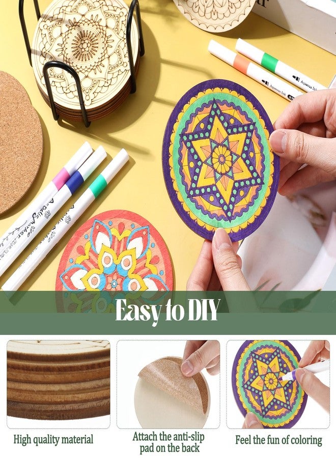 Reallnaive 45 Pcs Wooden Coasters Painting Set with Markers 4 Inch Boho Drink Coaster Gift Arts and Crafts DIY Kit for Adults, Women, Hobby, Christmas Ornament Home Apartment Decor (Mandala) - Image 5